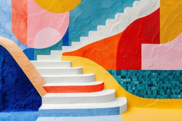 Wall Mural - Abstract staircase surrounded by vibrant geometric shapes in various colors. Perfect for modern designs, artistic concepts, or architectural presentations.