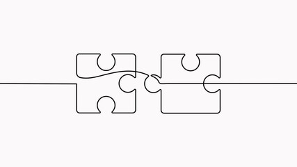 Poster - Two connected puzzles line art video. Animated jigsaw pieces continuous one line drawing.