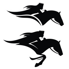 Wall Mural - fairy tale queen or princess wearing royal crown riding her horse jumping forward black and white vector profile silhouette portrait