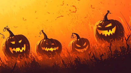 Halloween pumpkins on an orange background, a symbol of a scary night