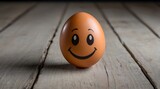 Fototapeta  - A smiling egg on a wooden table, A smiling egg