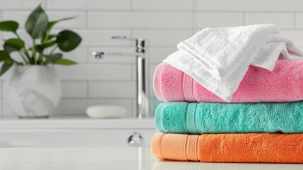 Poster - Colorful towels on a white table with room for text on a bathroom backdrop