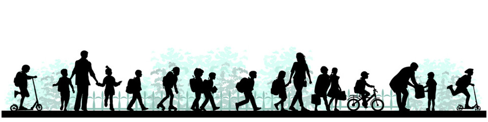 Back to school. Children going to school, pupils and parents silhouettes on white background. Vector illustration.