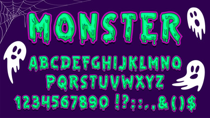 Halloween scary font, monster type, zombie typeface, spooky Helloween alphabet vector typography set. Vector green slime letters and numbers font with Halloween holiday horror ghost characters