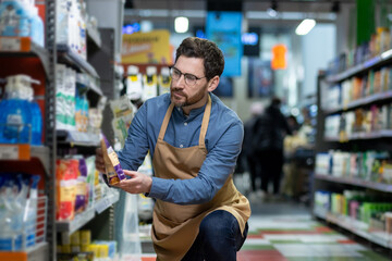 Wall Mural - Store employee kneeling in supermarket aisle arranging products. Man wearing apron and glasses focused on organizing items on shelf. Busy retail setting with shelves stocked with various goods.