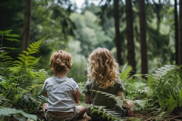 two children, a boy and a girl, are sitting in the forest and looking into the depths of the forest