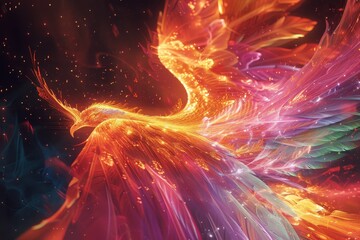 Wall Mural - An abstract holographic phoenix rising, with feathers made of light.