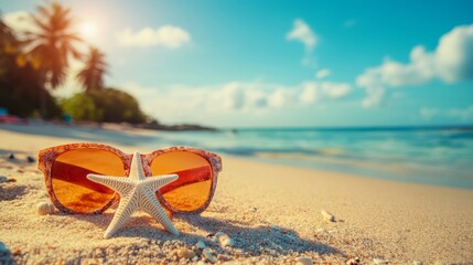 Orange sunglasses and a starfish resting on a sandy beach with a bright sunny sky in the background. Ideal for summer themes, travel visuals, or beach designs.