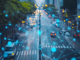 Poster - futuristic smart city scene depicting an iot internet of things network seamlessly connecting and in