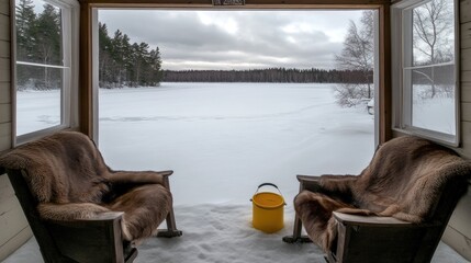 Wall Mural - A small wooden terrace features two fur chairs by the snowy lake shore in Siberia, complete with an old lamp and a bear skin rug, creating a cozy winter retreat