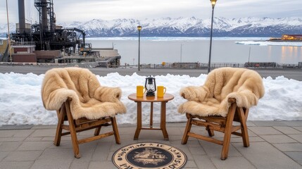 Wall Mural - A small wooden terrace features two fur chairs by the snowy lake shore in Siberia, complete with an old lamp and a bear skin rug, creating a cozy winter retreat.