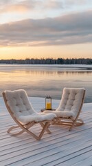 Wall Mural - A small wooden terrace features two fur chairs by the snowy lake shore in Siberia, complete with an old lamp and a bear skin rug, creating a cozy winter retreat