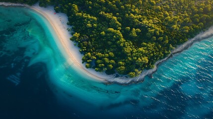 Canvas Print - Aerial view of blue sea and Zlatni Rat Brac island Croatia in summer Top drone view of adriatic sea sandbank white sandy beach green trees azure water at sunset Tropical landscape Trav : Generative AI