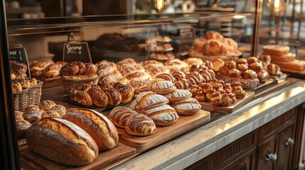 Wall Mural - A display of freshly baked pastries and bread in bakery, showcasing variety of textures and colors, evoking warm and inviting atmosphere. 