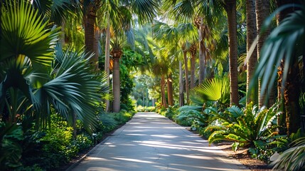 Wall Mural - A scenic alley in Harry P Leu gardens  variety of palm trees on both sides of the alley selective focus : Generative AI