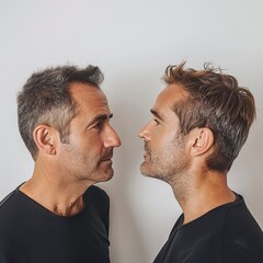 two men look into each other's eyes.