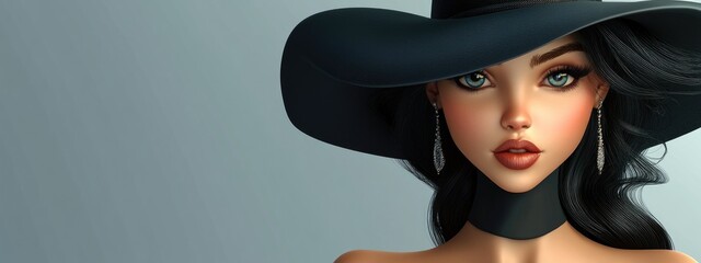 Wall Mural - 3D Cartoon Portrait of a Young Woman Wearing a Black Hat