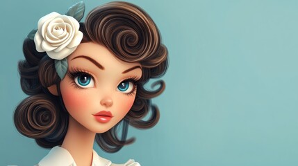 3D Cartoon Retro Pinup Girl with White Rose in Hair