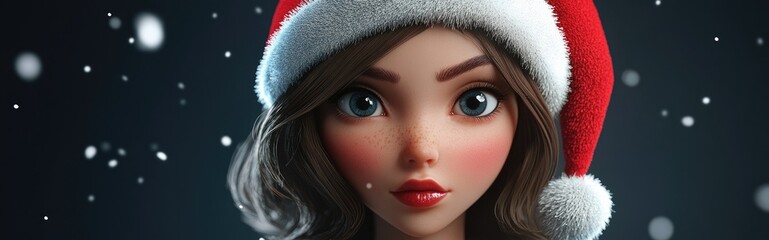 Wall Mural - 3D cartoon portrait of a stylish brunette girl in a red Santa hat for festive advertising