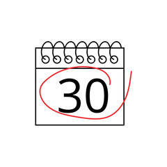 Vector flat icon of calendar with specific day marked on day 30 isolated on transparent background.