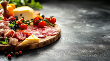 Wall Mural - Sliced gourmet meat, cheese, vegetables and fruits on wooden board