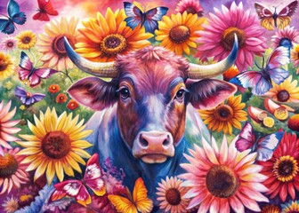 Vibrant watercolor bull surrounded by bright sunflowers and colorful butterflies, set against a clean white background, evoking feelings of freedom and joy.