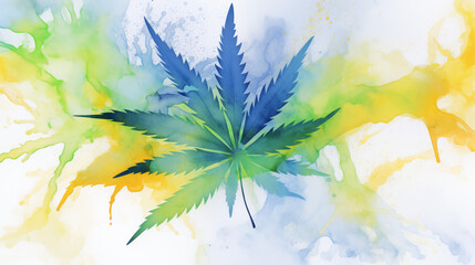 Poster - Abstract Cannabis Leaf Against a Vibrant Blue and Green Watercolor Splash Background