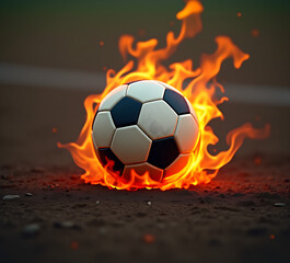 Soccer ball surrounded by flames on dirt field