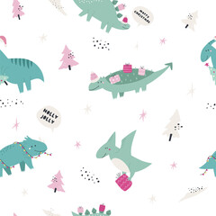 Wall Mural - Seamless Hand-Drawn Christmas Dinosaur Pattern. Festive Dino Design