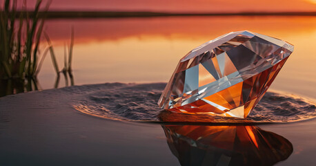 Poster - A radiant diamond glimmers on water, reflecting the warm hues of sunset and surrounded by gentle grasses