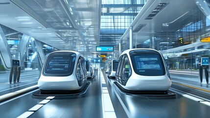 Poster - a futuristic transit system with magnetic levitation trains and digital schedules