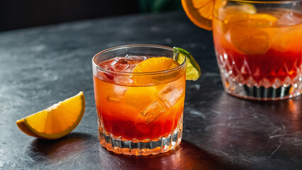 Cuba Libre with ice and citrus classic cocktail on dark wooden background