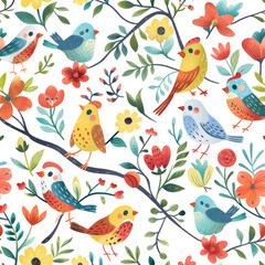 Wall Mural - Seamless pattern of colorful birds and flowers on a white background, flat design, colorful illustration