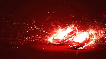 Illustrator style, defibrillator paddles with bright electric sparks, high-energy effect, solid dark red background, emergency resuscitation concept