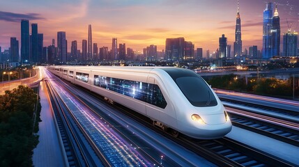 Poster - a futuristic transportation network featuring maglev trains and digital route displays