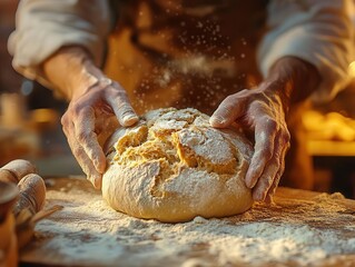 Wall Mural - artisanal bakers hands working rich dough flour dust swirling in warm light closeup captures texture and craft of breadmaking emphasizing tradition and skilled artistry in food preparation