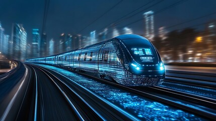 Poster - a futuristic transportation network featuring maglev trains and digital route displays
