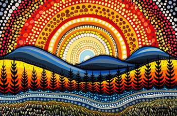 Wall Mural - Oil painting of an Aboriginal dot art landscape with a red and orange sunset, a white background