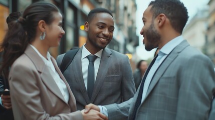 Aufkleber - Interracial group of young business people standing on street outside office building in suits man and woman shaking hands making deal and getting to know partners and clients : Generative AI