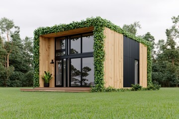 Modern tiny house with wood paneling and ivy-covered walls in a lush green landscape.