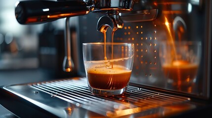 Wall Mural - Coffee machine on dark background close up Modern coffee maker with freshly brewed coffee in glass cup Kitchen appliances : Generative AI