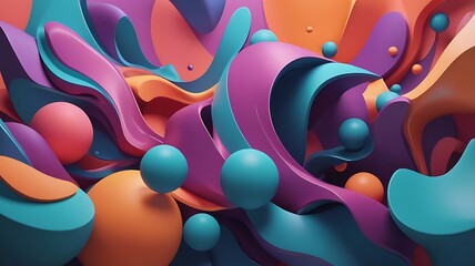 Poster - digital abstract artwork featuring a dynamic composition of swirling shapes and spheres, vibrant mix of flowing curves and rounded forms, creating a sense of movement and depth