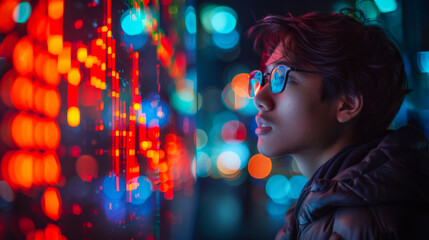 Wall Mural - Side view of a young Asian man in glasses looking at a digital bright screen with graphs. Technology concept.