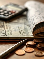 Fototapete - A stack of cash and coins rests beside an open notebook filled with financial notes and calculations, reflecting careful money management. Generative AI