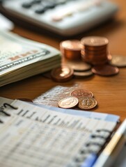 Fototapete - A stack of cash, scattered coins, and an open notebook filled with financial notes and calculations are arranged on a wooden table. Generative AI