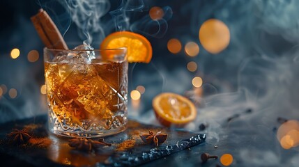 Poster - Smoked old fashioned rum cocktail or whiskey with ice and cinnamon stick  on old black rocks with slice of orange Copy space Dark background with smoke : Generative AI