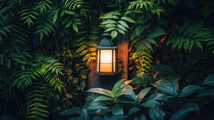 Sticker - Vintage lamp lighting up dark wooden structure surrounded by lush greenery offering space for text