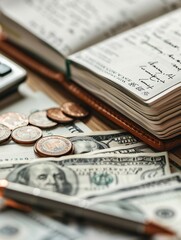 Poster - Cash and coins are spread out around an open notebook filled with financial calculations and budgeting notes. Generative AI