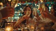 © Generative AI - People restaurant and clapping at celebration in night for friends business executive team or happy for success New year applause or gala party with champagne congratulations or group  : Generative AI