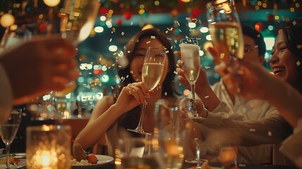 Poster - People restaurant and clapping at celebration in night for friends business executive team or happy for success New year applause or gala party with champagne congratulations or group  : Generative AI